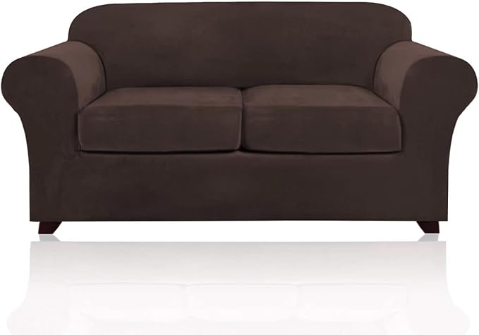 PrinceDeco Velvet Couch Cover Loveseat Covers for 2 Cushion Couch 3 Piece Sofa Covers for Dogs Washable Loveseat Covers Width Up to 72 Inch No Slip Stretch Sofa Slipcover (Medium, Brown) by PrinceDeco