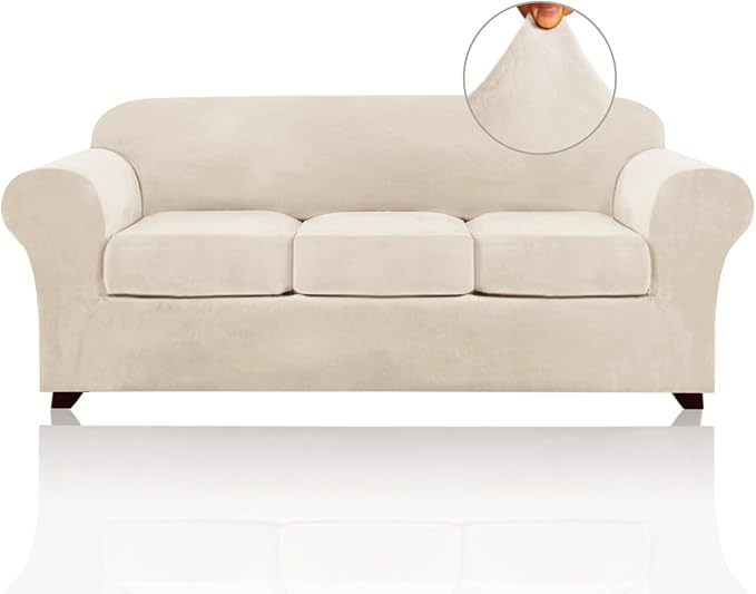 PrinceDeco Velvet Couch Covers for Sofa Soft 4 Pieces Couch Covers for 3 Cushion Couch Sofa Pet Friendly Furniture Protector with Non Slip Elastic Bottom Width Up to 90 Inch (Large, Ivory) by PrinceDeco