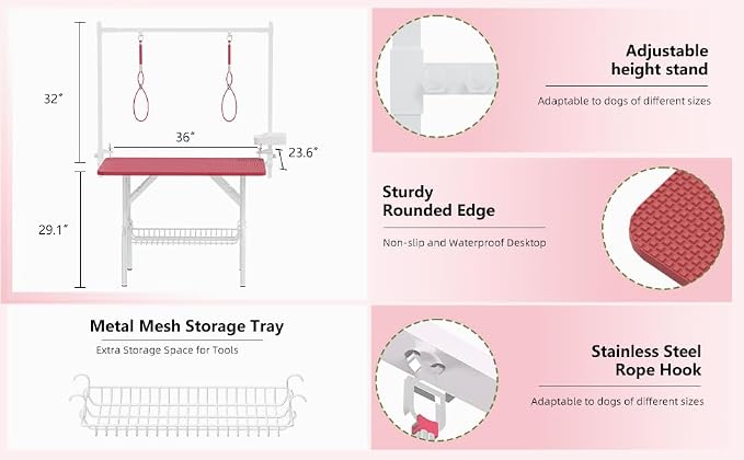 Professional Dog Pet Grooming Table Adjustable Heavy Duty Portable w/Arm & Noose & Mesh Tray (Pink, 46") - Image 7
