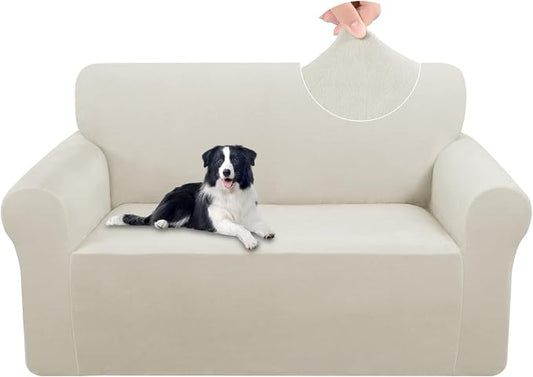 U-NICE HOME Velvet Loveseat Sofa Covers Stretch Couch Cover Furniture Protector Sofa Slipcover for Dogs (Medium, Beige) by U-NICEHOME