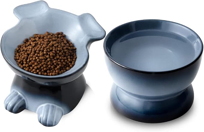 Nihow Dog Food & Water Bowls: Elevated Ceramic Bowls for Medium/Small Dog | Food Safe Raised Puppy Bowls - Gray Pet Bowl for Protecting Pet's Spine (Set of 2) by Nihow