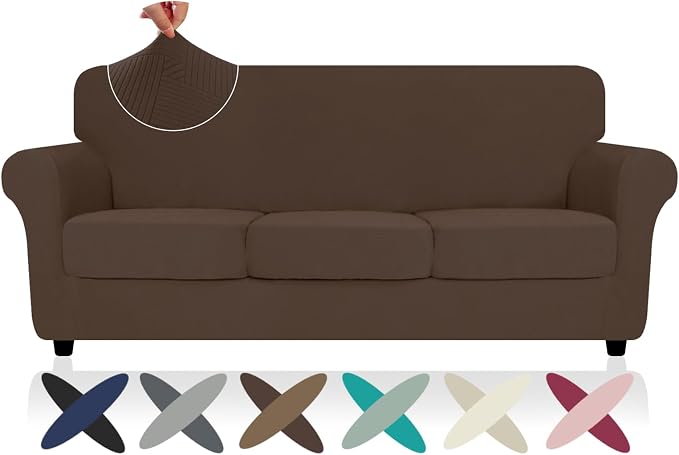 ZNSAYOTX 4 Piece Stretch Sofa Covers (71"-91"), Thick Striped Couch Covers for 3 Cushion Sofa with Elastic Band Bottom Ties Non-Slip Stay in Place, Soft Durable Washable Couch Slipcovers, Coffee - Image 7