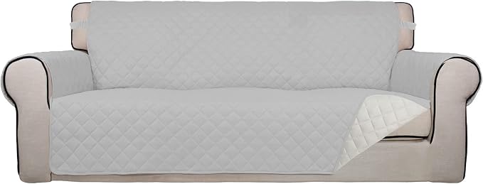 PureFit Reversible Quilted Sofa Cover, Water Resistant Slipcover Furniture Protector, Washable Couch Cover with Non Slip Foam and Elastic Straps for Kids, Pets (Sofa,Light Gray/Ivory) Large | Light Gray/Ivory, Water Resistant Couch Protector, Washable ... by PureFit