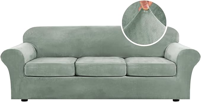 H.VERSAILTEX High Stretch Sofa Slipcover 4 Piece Cover Velvet Furniture Protector Form Fit Thick Velvet Extra Large Sofa Cover for 3 Cushion Couch Width Up to 97 Inch (Large Sofa, Sea Grass) by HVERSAILTEX
