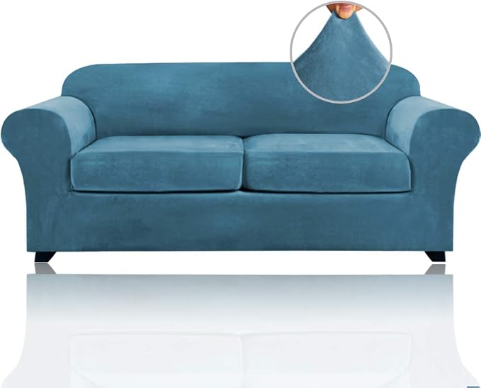 PrinceDeco Couch Cover Velvet Plush Sofa Covers for 2 Cushion Couch Width Up to 90 Inch Washable Furniture Protector Pet Friendly No Slip Sofa Slipcover(Medium-Large, Blue) by PrinceDeco