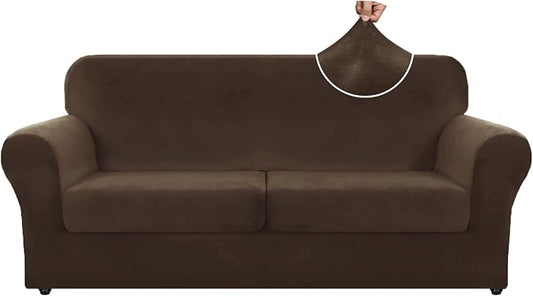 ZNSAYOTX Oversized Velvet 3 Piece Couch Cover with 2 Extra Large Seat Cushion Covers Stretch Sofa Cover for 2 Cushion Couch Thick Soft Loveseat Sofa Slipcover (Dark Coffee), 72"-92"(2 Cushions) by ZNSAYOTX