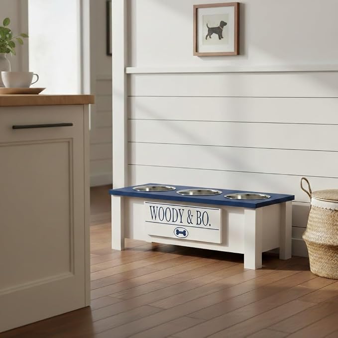 3 Bowl Dog Feeding Station, Personalized Triple Bowl Food Stand Medium Dogs | Farmhouse Style, Elevated Wood Stand, Storage Container, Stainless Steel Bowls, Raised Anti-Slip Feeder, Made in USA - Image 4