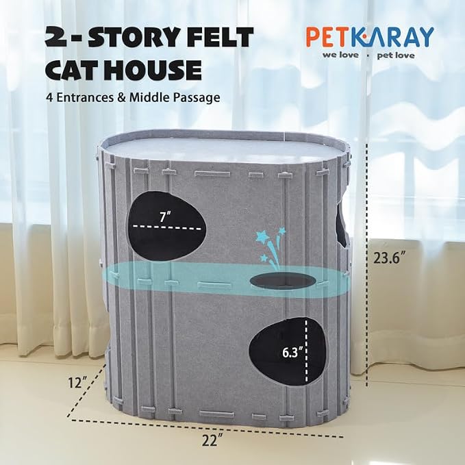 PETKARAY 2-Story Felt Cat House, Large Bed Cave for Indoor Cats, Felt Tunnel Hideaway Condo for Multi-Cat Households, 23.6x22x12 inches, Beige - Image 2