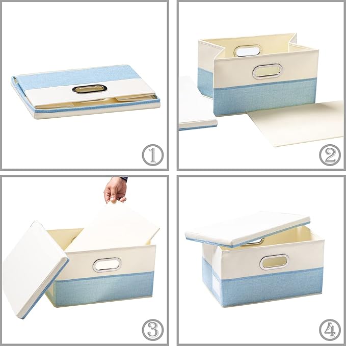 PRANDOM Large Foldable Storage Boxes with Lids [3-Pack] Fabric Collapsible Storage Bins Organizer Containers Baskets Cube with Cover for Home Bedroom Closet Office Nursery Blue&Cream(17.7x11.8x11.8) - Image 5