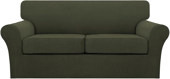Turquoize 3 Piece Sofa Covers for 2 Cushion Couch Sofa Slipcover Soft Couch Cover for Dogs-Washable Sofa Furniture Cover with 2 Individual Cushion Covers, Feature Fabric (2 Cushion Sofa, Olive) by Turquoize