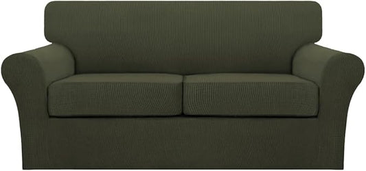 Turquoize 3 Piece Sofa Covers for 2 Cushion Couch Sofa Slipcover Soft Couch Cover for Dogs-Washable Sofa Furniture Cover with 2 Individual Cushion Covers, Feature Fabric (2 Cushion Sofa, Olive) by Turquoize