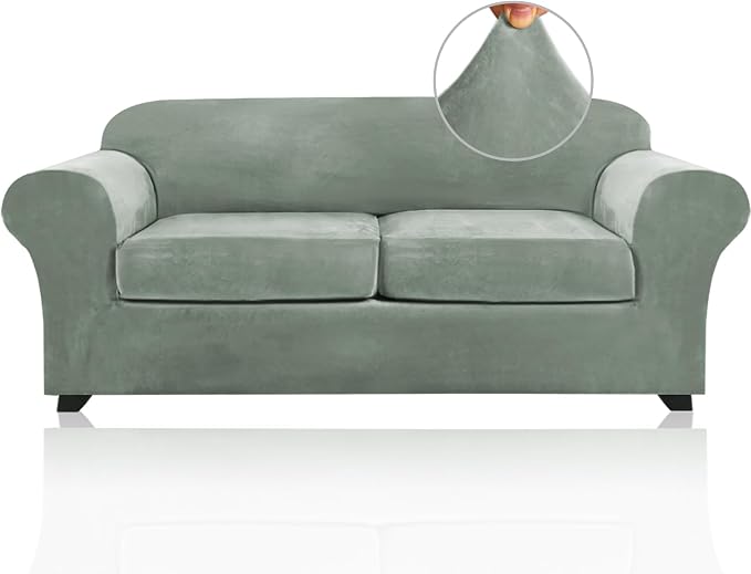 PrinceDeco Couch Cover Velvet Plush Sofa Covers for 2 Cushion Couch Width Up to 90 Inch Washable Furniture Protector Pet Friendly No Slip Sofa Slipcover(Medium-Large, Seagrass) by PrinceDeco