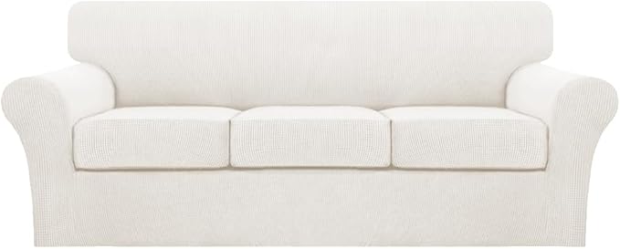Turquoize 4 Piece Sofa Covers for 3 Cushion Couch Sofa Slipcover Soft Couch Cover for Dogs-Washable Sofa Furniture Cover with 3 Individual Cushion Covers (3 Cushion Sofa, Porcelain White) by Turquoize