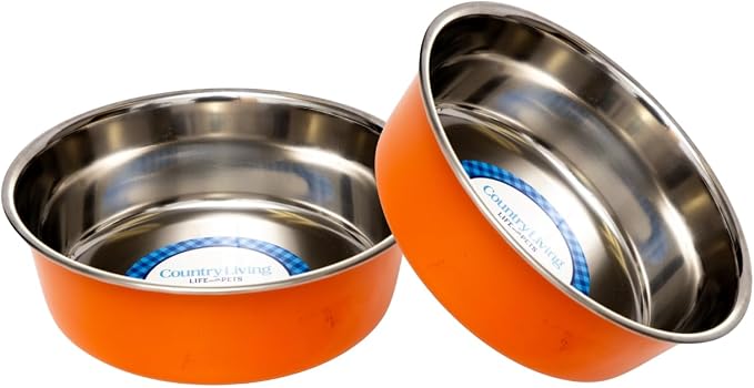Country Living Set of 2 Heavy Gauge Stainless Steel Dog Bowls - Non-Skid, Durable & Rust-Resistant - Perfect for Food & Water - Vibrant Orange, 64 oz Capacity by CountryLivingHearth