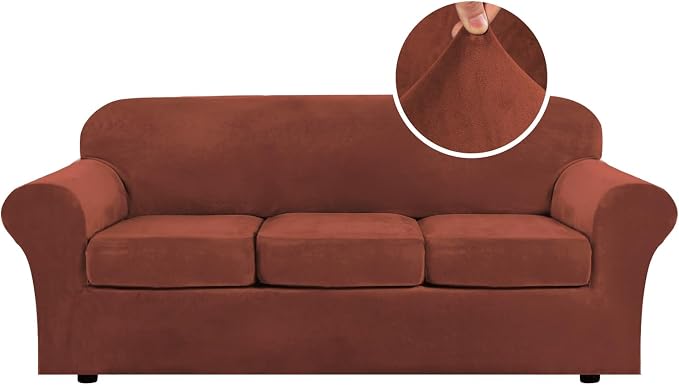 H.VERSAILTEX Modern Velvet Plush 4 Piece High Stretch Sofa Slipcover Sofa Cover Furniture Protector Form Fit Luxury Thick Velvet Sofa Cover for 3 Cushion Couch, Machine Washable (Sofa, Rust by HVERSAILTEX