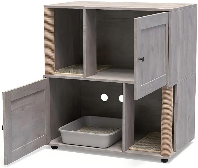 Garvee Cat Litter Box Enclosure for 2 Cats, Double Hidden Litter Box Furniture Cabinet with 2 Scratch Mat and Scratch Post, Modern Farmhouse Wooden Enclosed Cat Washroom, End Side Table - Image 7