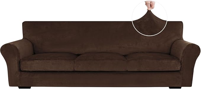 XINEAGE 4-Piece Velvet Oversize Sofa Cover,Couch Covers for Dog,Dark Coffee | 3 Cushion Large Sofa,Stretch Non-slip Elastic, Pet-friendly, Washable, Fast Setup, Soft Plush Fabric, Furniture Protector. by XINEAGE