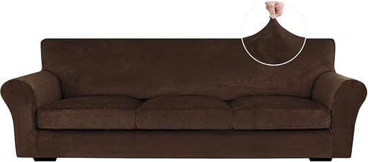 XINEAGE 4-Piece Velvet Oversize Sofa Cover,Couch Covers for Dog,Dark Coffee | 3 Cushion Large Sofa,Stretch Non-slip Elastic, Pet-friendly, Washable, Fast Setup, Soft Plush Fabric, Furniture Protector. by XINEAGE