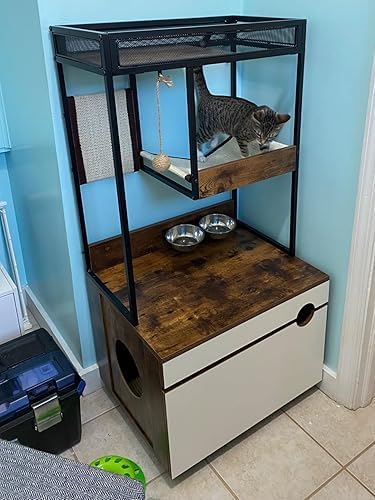 Cat Litter Box Furniture Enclosure with Shelve and Scratching Pad, Hidden Litter Box Furniture Pet Cabinet with Cat Feeding Station, 48.4 Inch Wooden Kitty Washroom Furniture, Cat Tree House,Cat Tower - Image 10