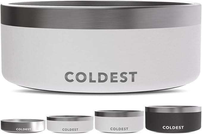 Coldest Dog Bowl - Anti Rust Metal, Non Slip, 3 Layers Insulated Stainless Steel Dog Bowls - Spill Proof & Heavy Duty - Water Bowl for Dogs, Cats & Pets, Dish Washer Safe (64 oz, Epic White) by Coldest