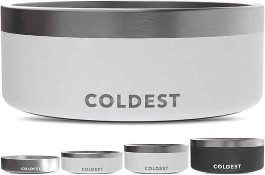 Coldest Dog Bowl - Anti Rust Metal, Non Slip, 3 Layers Insulated Stainless Steel Dog Bowls - Spill Proof & Heavy Duty - Water Bowl for Dogs, Cats & Pets, Dish Washer Safe (64 oz, Epic White) by Coldest