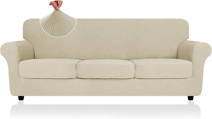 ZNSAYOTX 4 Piece Stretch XL-Sofa Covers (91"-110") for 3 XL Cushion Couch, Thick Couch Cover with Elastic Band Bottom Ties Non-Slip Stay in Place, Soft Durable Oversized Slipcovers, Khaki by ZNSAYOTX