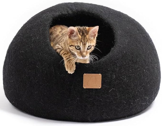 Best Aesthetic Cat Bed - Premium Felted Wool Cat Cave Bed - Cozy Peekaboo Round Cave for Large or Small Cats (Small, Night Black) by FuzzyCove