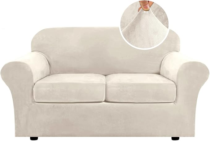 H.VERSAILTEX Real Velvet Plush 3 Piece Stretch Sofa Covers Couch Covers for 2 Cushion Couch Loveseat Covers Width Up to 72 Inch Feature Thick Soft Stay in Place (Medium Sofa, Ivory) by HVERSAILTEX