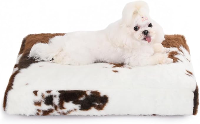 Bedfolks Waterproof Crate Bed, Plush Dog & Cat Bed with Removable Washable Cover, Faux Fur Kennel Pad, 23"x18", Cow Print by Bedfolks