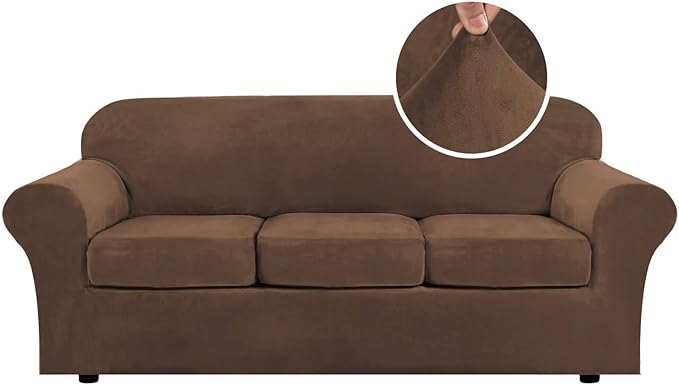 H.VERSAILTEX Modern Velvet Plush 4 Piece High Stretch Sofa Slipcover Sofa Cover Furniture Protector Form Fit Luxury Velvet Sofa Cover for 3 Cushion Couch Width Up to 90 Inch (Sofa, Caramel Cafe) by HVERSAILTEX