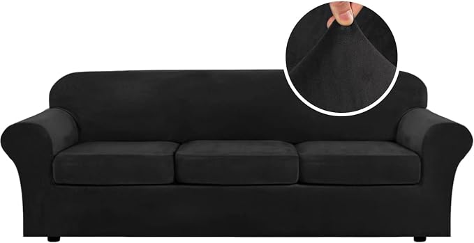 H.VERSAILTEX High Stretch Sofa Slipcover 4 Piece Cover Velvet Furniture Protector Form Fit Thick Velvet Extra Large Sofa Cover for 3 Cushion Couch Width Up to 97 Inch (Large Sofa, Jet Black) by HVERSAILTEX