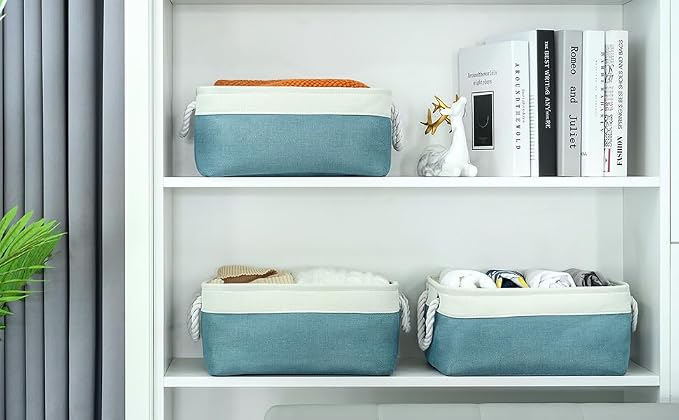 TheWarmHome Fabric Storage Bin with Handles,Storage Basket for Home Storage and Organization, Shelf Basket with Cover for Living Room Bedroom Closet（White & Green Medium 13.8L×9.8W×6.7H - Image 2