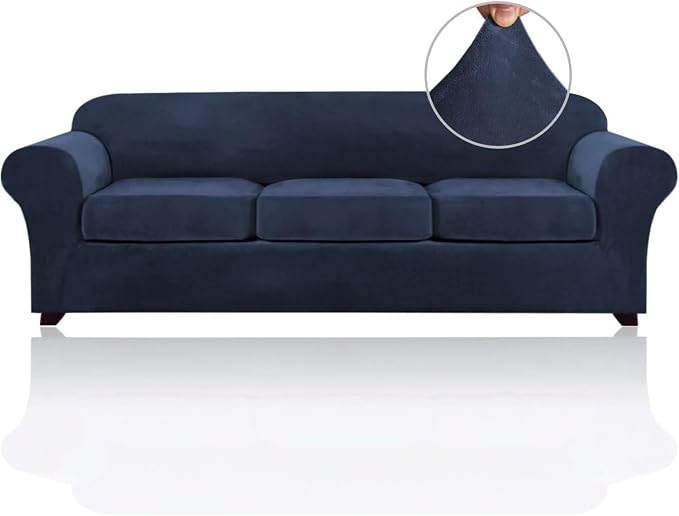 PrinceDeco Velvet Couch Covers for Sofa Soft 4 Pieces Couch Covers for 3 Cushion Couch Sofa Pet Friendly Furniture Protector with Non Slip Elastic Bottom Width Up to 97 Inch (Large Sofas, Navy) by PrinceDeco