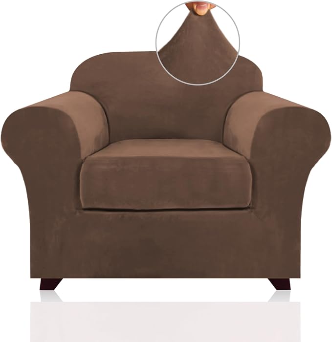 PrinceDeco Velvet Plush Couch Cover Stretch 2 Piece Chair Cover Chair Slipcover Washable Furniture Protector Couch Soft with Elastic Bottom Armchair Cover Width Up to 49 Inch(Small, Caramel) by PrinceDeco