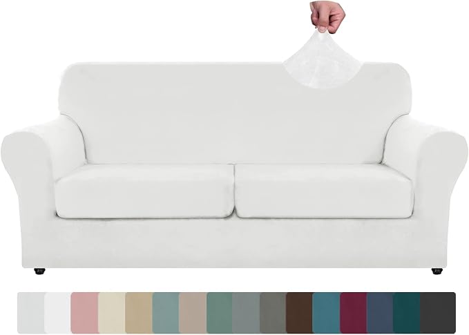 ZNSAYOTX Oversized Velvet 3 Piece Couch Cover with 2 Extra Large Seat Cushion Covers Stretch Sofa Cover for 2 Cushion Couch Thick Loveseat Sofa Slipcover for Living Room (White), 72"-92"(2 Cushions) by ZNSAYOTX