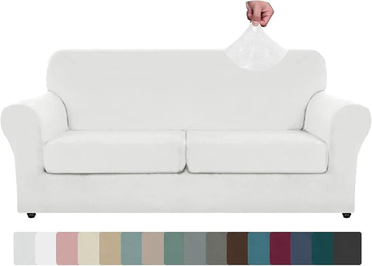 ZNSAYOTX Oversized Velvet 3 Piece Couch Cover with 2 Extra Large Seat Cushion Covers Stretch Sofa Cover for 2 Cushion Couch Thick Loveseat Sofa Slipcover for Living Room (White), 72"-92"(2 Cushions) by ZNSAYOTX