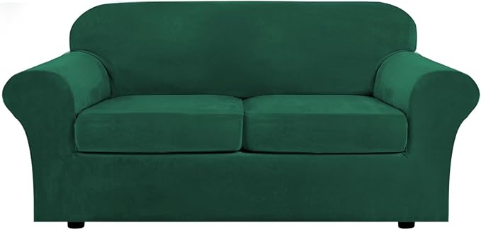 H.VERSAILTEX Real Velvet Plush 3 Piece Stretch Sofa Covers Couch Covers for 2 Cushion Couch Sofa Slipcovers Width Up to 90 Inch Feature Thick Soft Stay in Place (Large Sofa, Vintage Green) by HVERSAILTEX