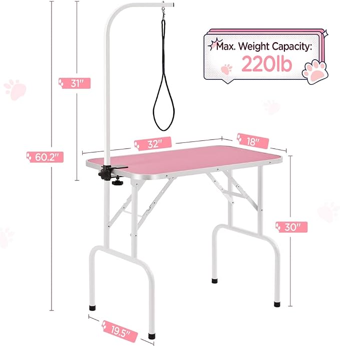 Yaheetech 32-inch Foldable Pet Dog Grooming Table w/Adjustable Height Arm - Drying Table for Home w/Noose for Small Dogs Cats, Maximum Capacity Up to 220lbs, Pink - Image 3