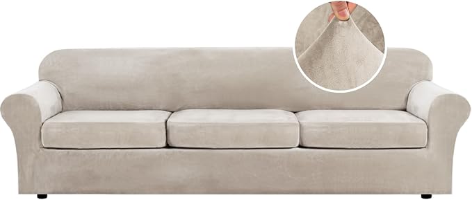 H.VERSAILTEX Modern Velvet Plush 4 Piece High Stretch Sofa Slipcover Furniture Protector Form Fit Velvet Extra Large Sofa Cover for 3 Cushion Couch Width Up to 105 Inch (XL Sofa, French Oak) by HVERSAILTEX