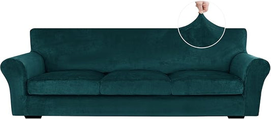 XINEAGE 4-Piece Velvet Oversize Sofa Cover, Couch Covers for Dog,Dark Green | 3 Cushion Large Sofa,Stretch Non-slip Elastic, Pet-friendly, Washable, Fast Setup, Soft Plush Fabric, Furniture Protector. by XINEAGE