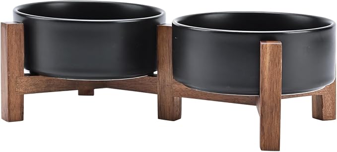 SPUNKYJUNKY Ceramic Dog Bowls with Acacia Wood Stand - Raised Dog Food and Water Bowl Set for Small Dogs (13.52 OZ, Black) by SPUNKYJUNKY