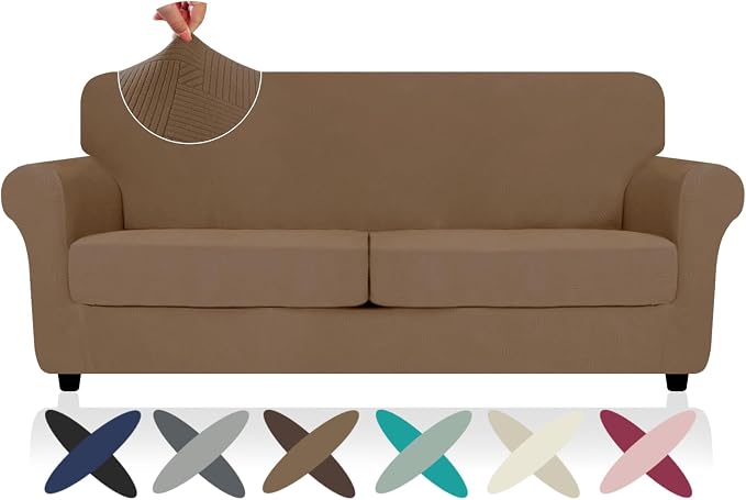 ZNSAYOTX 3 Piece Stretch Sofa Covers (71"-91") for 2 XL Cushion Couch, Thick Striped Sofa Cover with Elastic Band Bottom Ties Non-Slip Stay in Place, Soft Durable Couch Slipcovers, Light Coffee by ZNSAYOTX