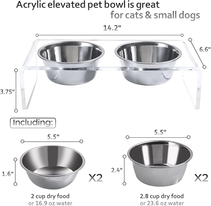 Acrylic Elevated Dog Cat Bowls Pet Feeder Double Bowl Raised Stand Comes with 4 Removable Stainless Steel Bowls. Perfect for Cats Puppies Small Dogs, 3.75 Inch - Image 3