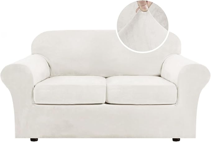 H.VERSAILTEX Real Velvet Plush 3 Piece Stretch Sofa Covers Couch Covers for 2 Cushion Couch Loveseat Covers Width Up to 72 Inch Feature Thick Soft Stay in Place (Medium Sofa, Porcelain White) by HVERSAILTEX