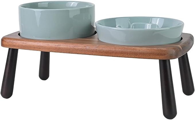SPUNKYJUNKY Ceramic Elevated Dog Bowls with Slow Feeder Raised with Acacia Bamboo Wooden Stand, 6.1'' Dog and Cat Food Water Bowls Set Non-Slip for Small Medium Sized Breed - Light Green by SPUNKYJUNKY