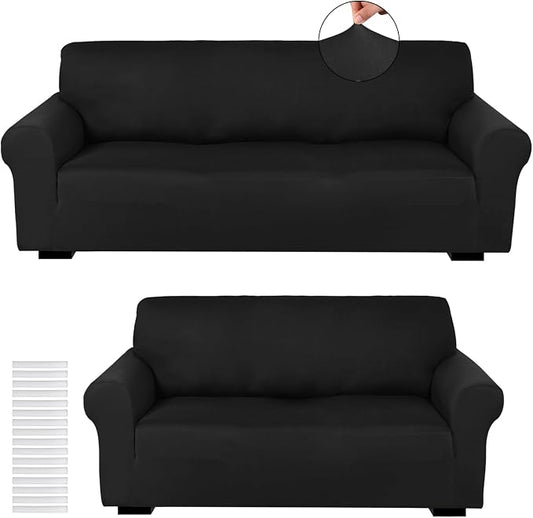 Peryiter 2 Pcs Sofa Covers Couch and Loveseat Covers Set Stretch Sofa Slipcover for Living Room Armchair Furniture Protector, Wrinkle Proof(Black,Milk Silk) by Peryiter