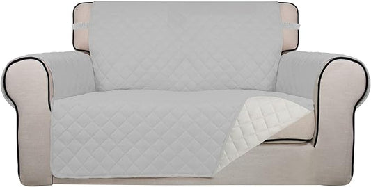 PureFit Reversible Quilted Couch Covers for Dogs Loveseat Sofa Cover 46.5” | Light Gray/Ivory, Water Resistant Couch Protector, Washable Pet Couch Cover with Non Slip and Elastic Straps For Kids by PureFit
