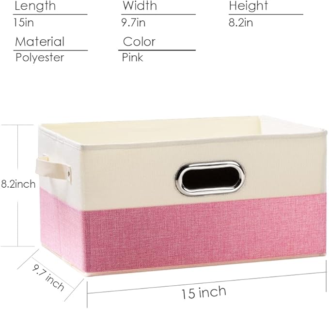 PRANDOM Large Collapsible Storage Baskets for Closet [3-pack] Decorative Fabric Storage Bins Cubes with Leather/Metal Handles for Shelves Bedroom Living Room Pink&Cream (14.9x9.8x8.3 Inch) - Image 4