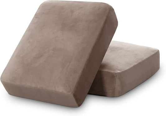 PrinceDeco Velvet Sofa Cushion Covers, Stretch Couch Cushion Covers for Individual Seat Couch Slipcover Sets Furniture Protector for Loveseat Sofa Cushion Width Up to 29.5", Taupe by PrinceDeco