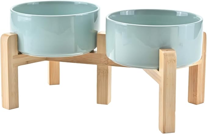 SPUNKYJUNKY Elevated Dog Bowls Ceramic, 6.1'' Dogs and Cat Food Water Bowls Raised with Non-Slip Bamboo Stand for Medium Sized Breed Microwave Dishwasher Safe - 28.7 OZ,Light Green by SPUNKYJUNKY